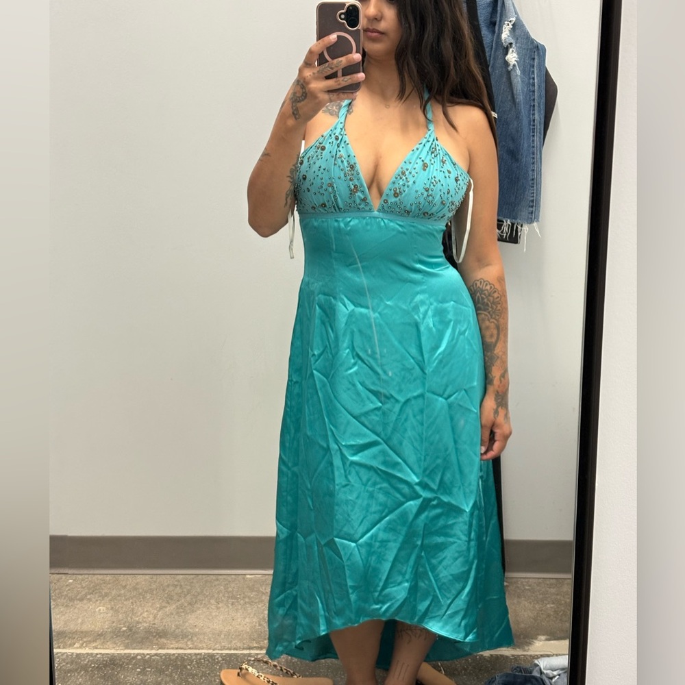 Y2K Laundry teal dress 100% silk with brown beading